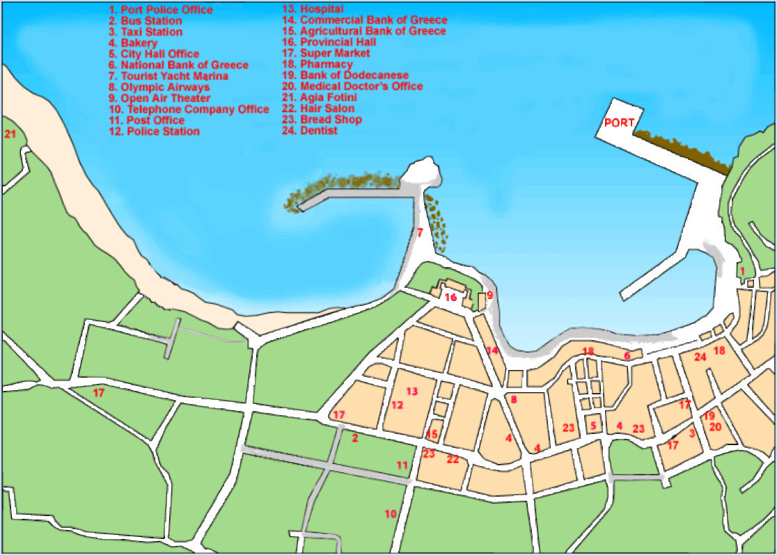 Plattegrond met verwijzingen van Pigadia Karpathos Griekenland