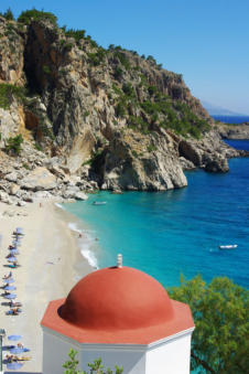 Vanaf het restaurant boven de rode koepel in Kyra Panagia op Karpathos