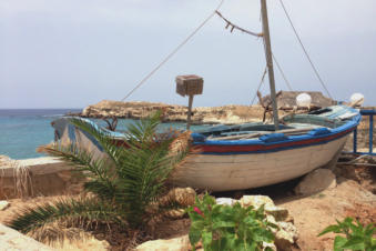 Boot op het droge bij een taverne in Lefkos